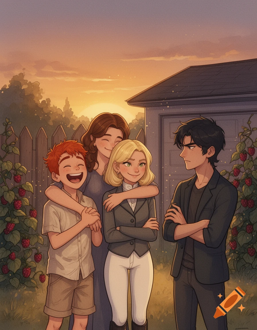 Digital watercolor illustration of four teenagers in a cozy backyard at sunset; one boy laughs, two girls hug and smile, and another boy with crossed arms.