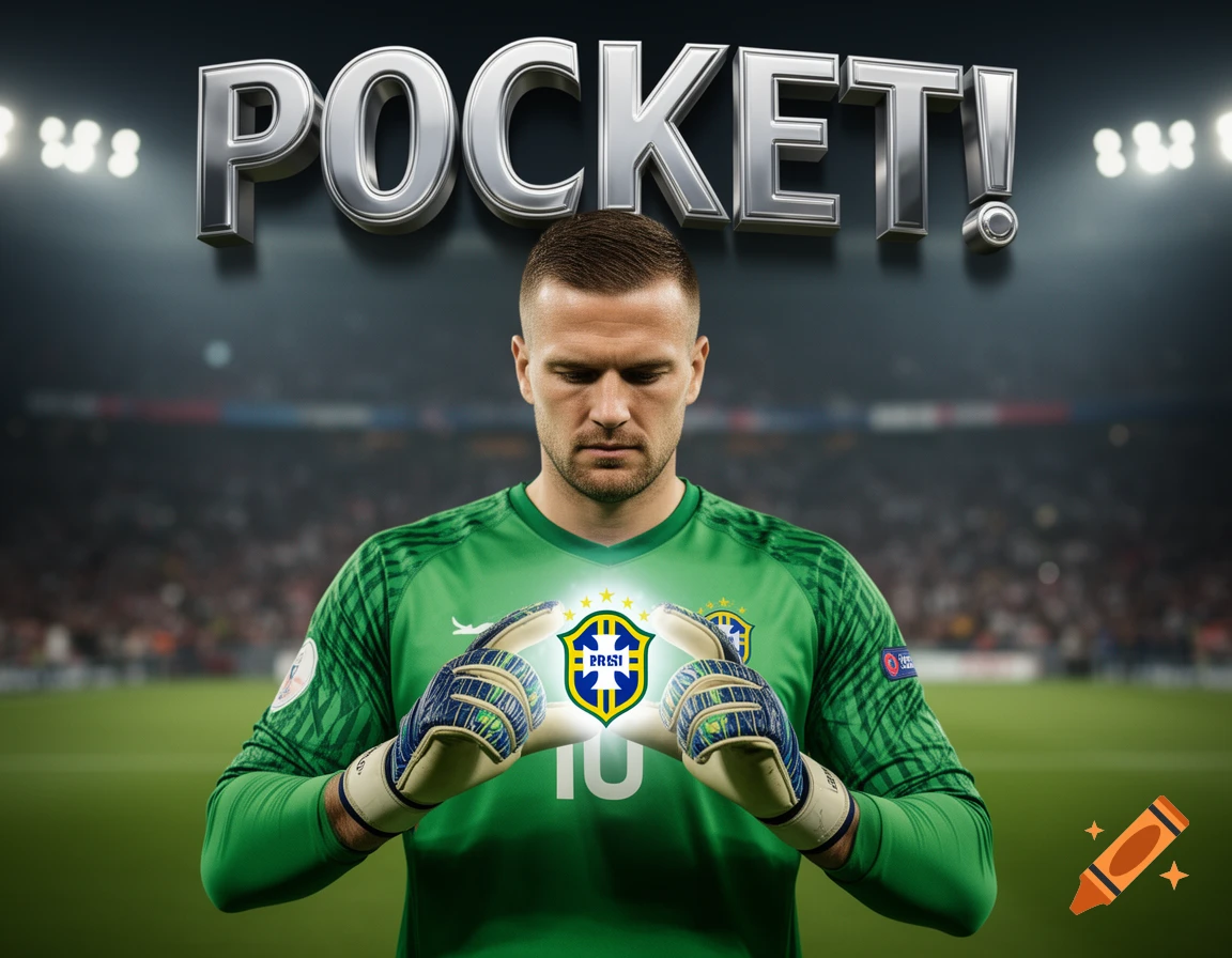 Photorealistic image of a football goalkeeper in a green kit holding a glowing Brazil crest, with "POCKET!" text above him in a stadium.