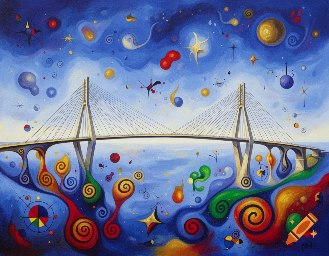 A colorful, abstract painting in the style of Joan Miró, featuring a cable-stayed bridge over a blue sea with whimsical shapes and stars.