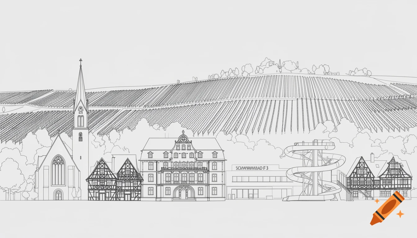 Line art illustration of a German city skyline with a church, town hall, half-timbered houses, a swimming pool with a slide, and vineyards.
