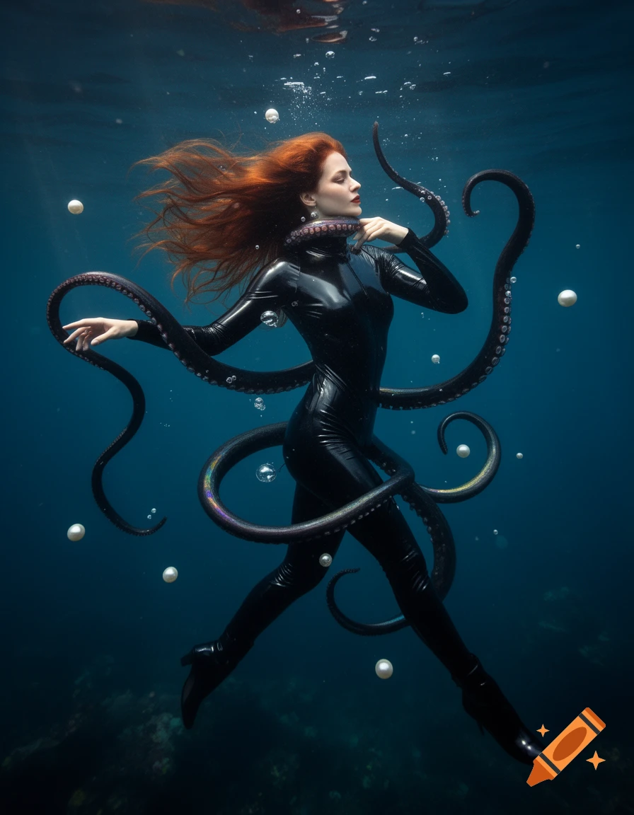 A red-haired woman in a black latex catsuit is suspended underwater, surrounded by octopus tentacles, pearls, and bubbles.