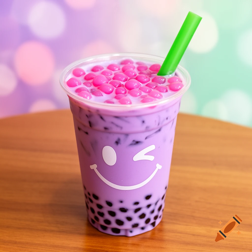 A close-up of purple bubble tea with bright pink boba pearls and a green straw, featuring a white winking smiley face on the cup, on a wooden table with a blurred colorful background.