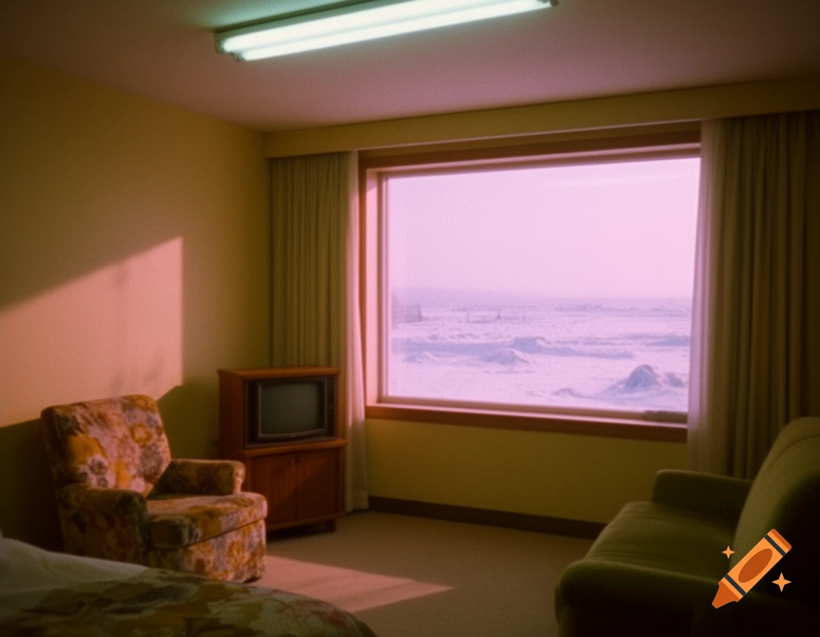 An empty, vintage hotel room with a patterned armchair, old TV, and a window looking out at a pink-hued snowy landscape, in a dreamcore style.