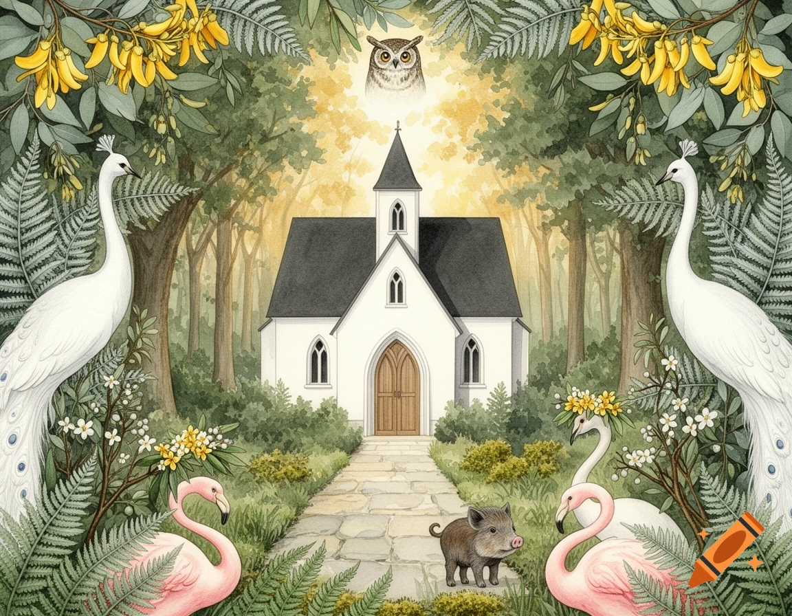 Whimsical watercolor illustration of a white chapel in a forest, framed by lush flora, with white peacocks, pink flamingos, a wild piglet, and an owl.