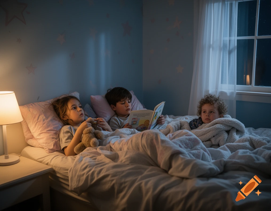 Photorealistic image of three children in bed in a dimly lit bedroom at night, one reading a book.