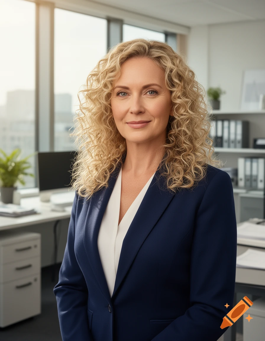 Professional woman with curly blonde hair in a navy suit smiling in a modern office.