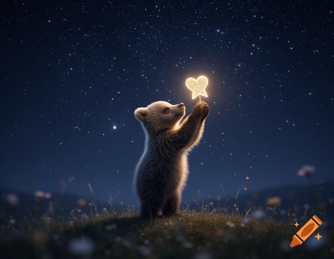 A cute bear cub stands in a grassy field under a starry night sky, reaching up to hold a glowing heart-shaped star.