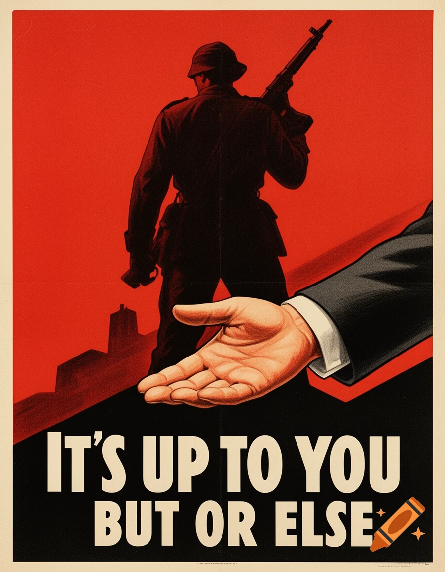 Propaganda poster with a silhouetted soldier holding a rifle and a large hand reaching out, with text 'IT'S UP TO YOU BUT OR ELSE' at the bottom.