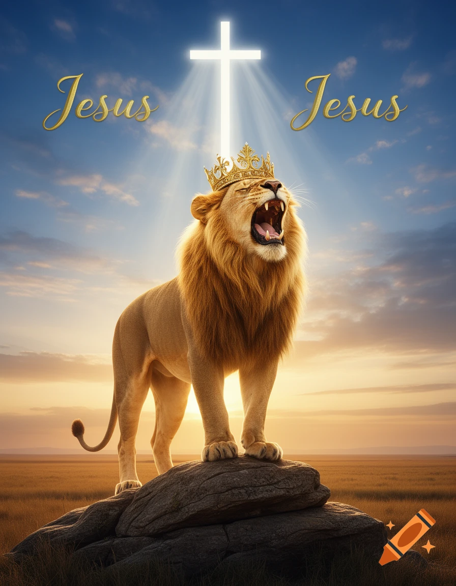 A photorealistic lion with a golden crown roars on a rock at sunset, under a glowing cross and golden 'Jesus' text in the sky.