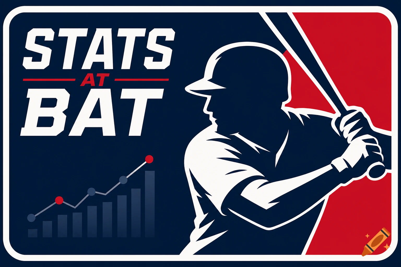 A sports logo 'STATS AT BAT' with a baseball player silhouette and a line graph against a blue and red background.