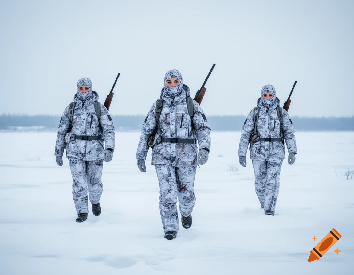 Three women in snow camouflage suits and balaclavas, carrying rifles, walk through a snowy wilderness.