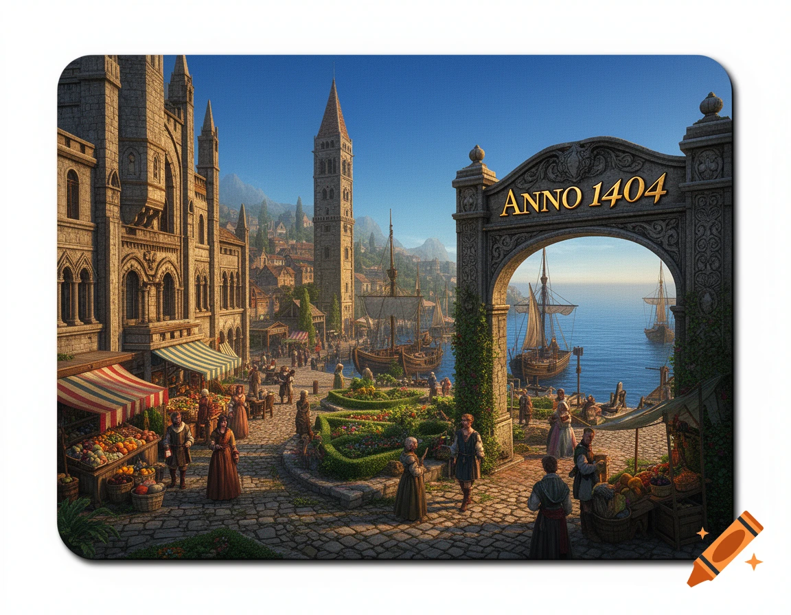 A bustling medieval port city scene with an archway inscribed 'ANNO 1404' leading to a harbor with sailing ships, surrounded by market stalls and grand architecture under a clear blue sky.