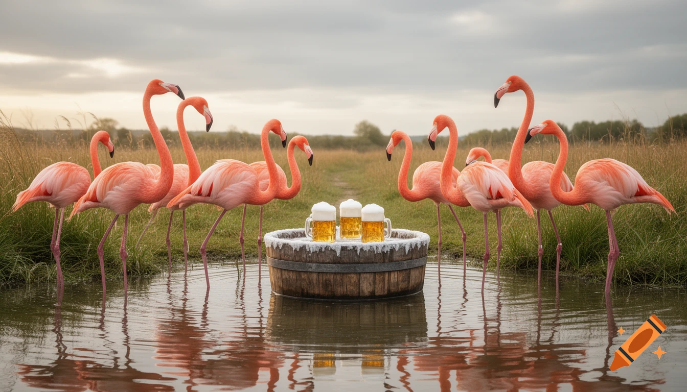A group of pink flamingos stands in shallow water around a wooden barrel holding three frothy mugs of beer in a grassy field.