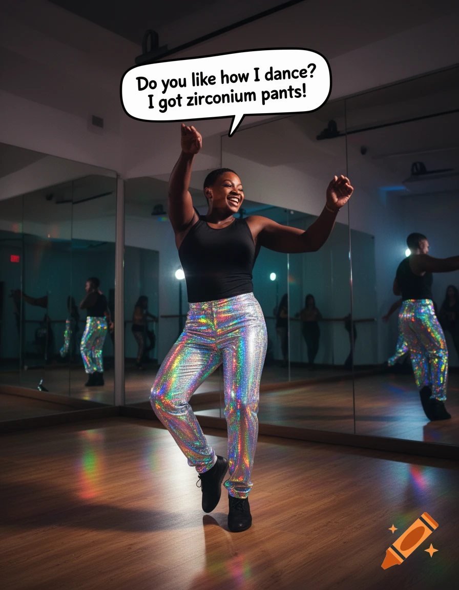 A woman in a black top and iridescent, sparkly pants dances joyfully in a studio with mirrors. A speech bubble above her reads, "Do you like how I dance? I got zirconium pants!"