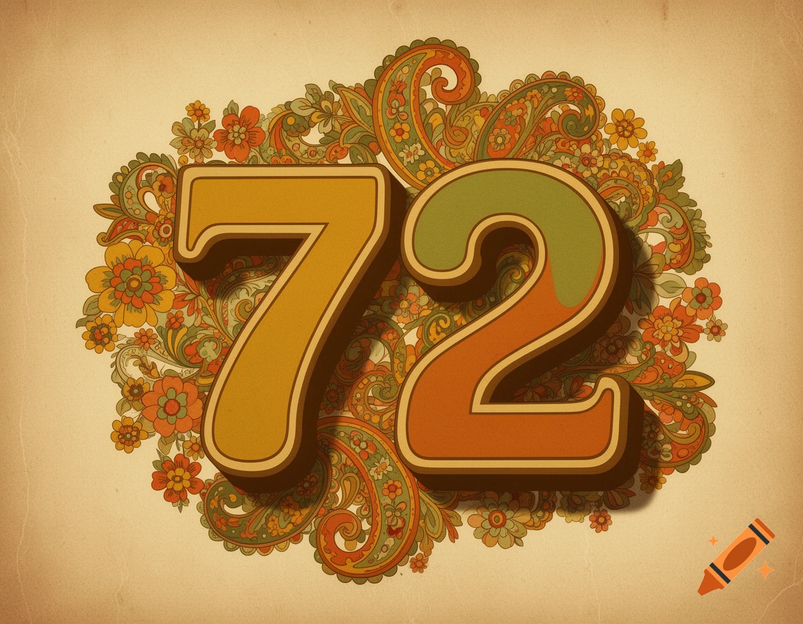 A retro-style illustration of the number 72, adorned with colorful 1970s-era floral and paisley patterns on a textured background.