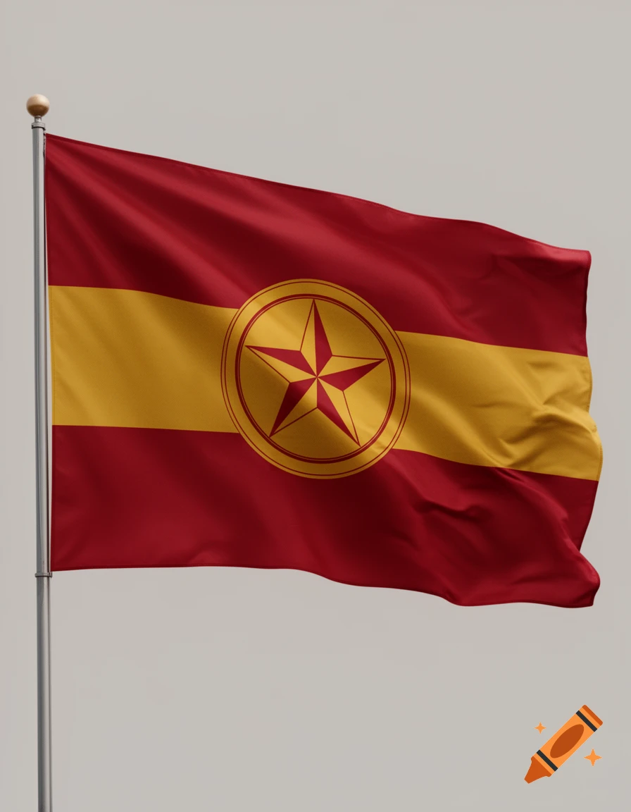 A red and gold flag with a red star inside a gold circle, waving against a light background.