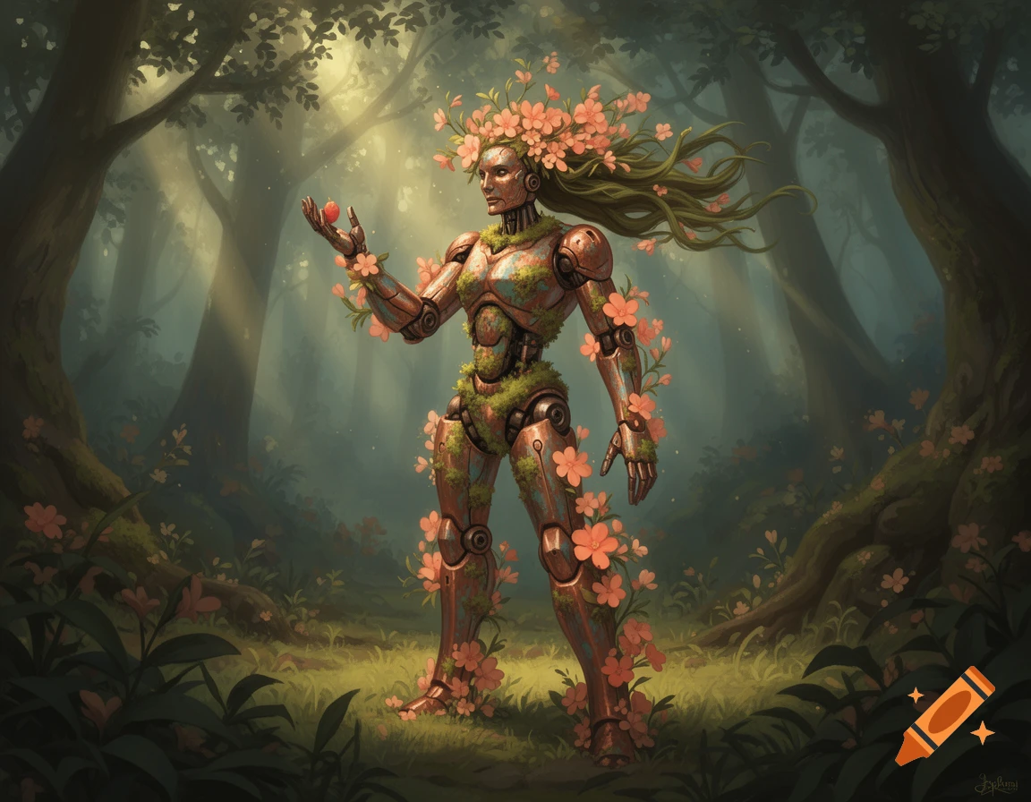 A mossy, flower-covered warforged robot holds a red fruit in a sun-dappled fantasy forest.