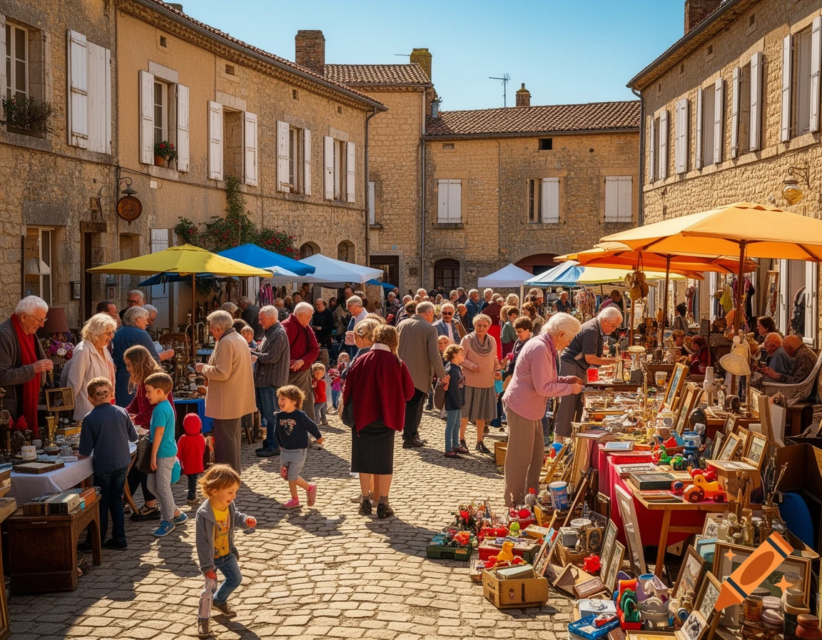 A busy outdoor flea market on a sunny day, with people of all ages browsing stalls under colorful umbrellas in a cobblestone town square.