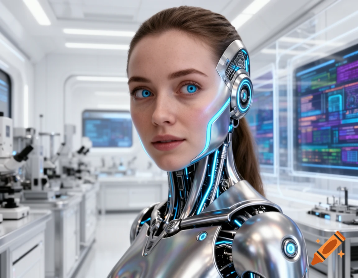 A photorealistic female cyborg with glowing blue eyes and metallic body parts stands in a futuristic laboratory.