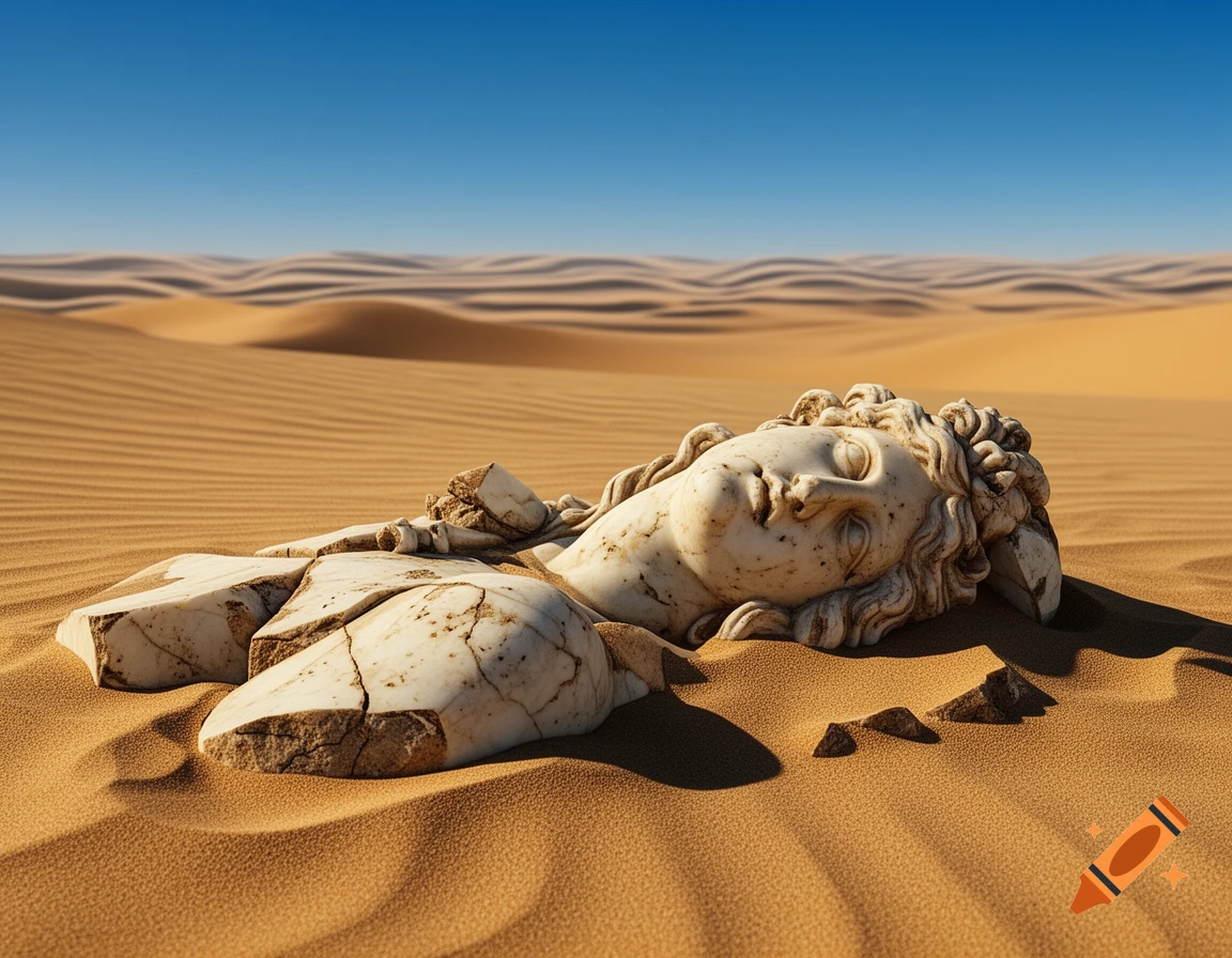 A close-up shot of a broken classical marble statue, its head and torso partially buried in rippled desert sand dunes under a clear blue sky.