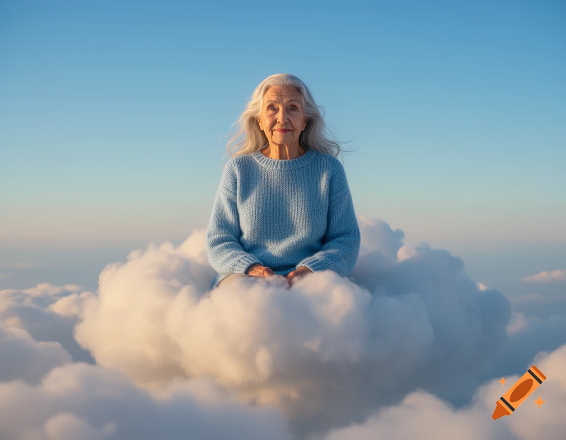 A serene old woman with white hair sits on a fluffy white cloud, looking directly at the camera, with a blue sky above.