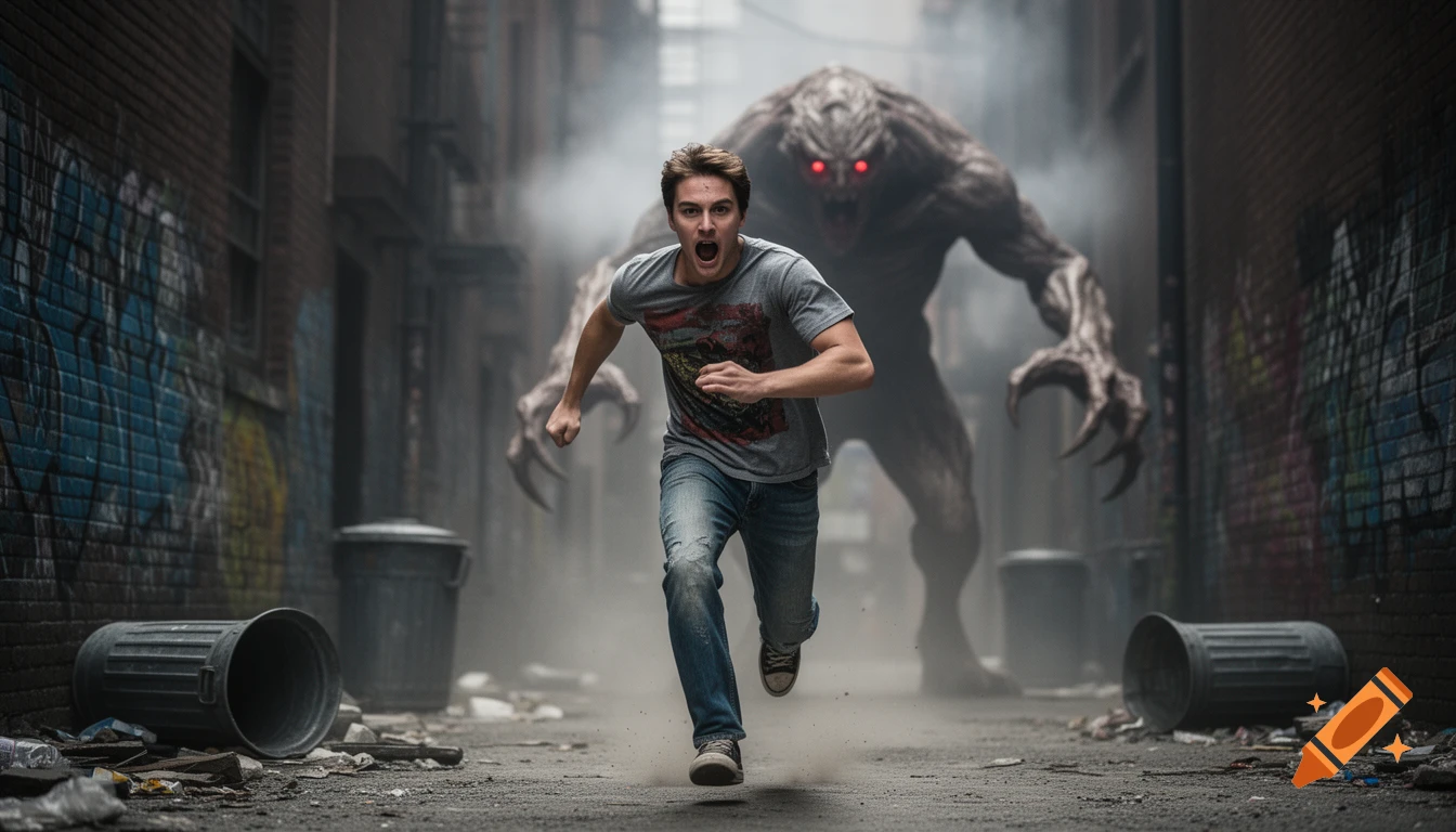 A man screams and runs through a foggy, trash-filled urban alley, pursued by a large, monstrous creature with glowing red eyes.