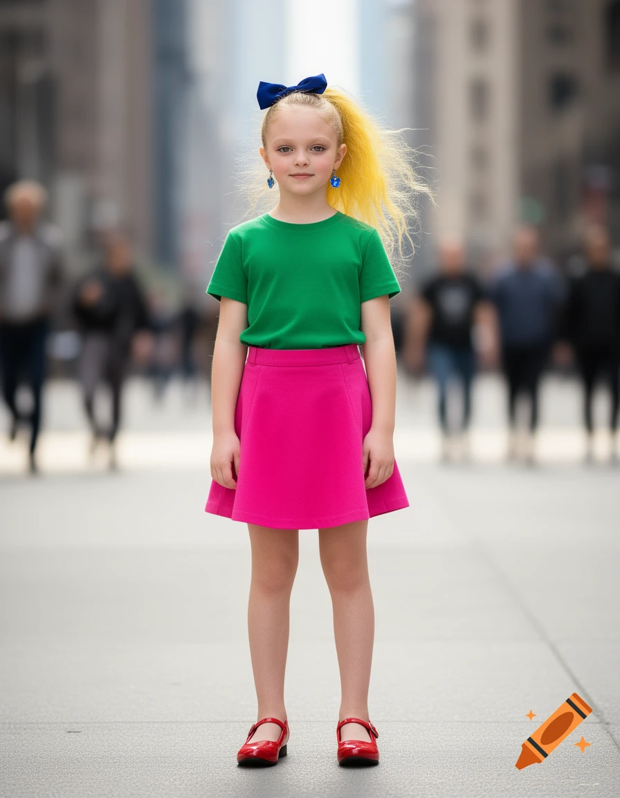 A young girl with a yellow ponytail, green shirt, pink skirt, blue bow, and red shoes stands on a city street.