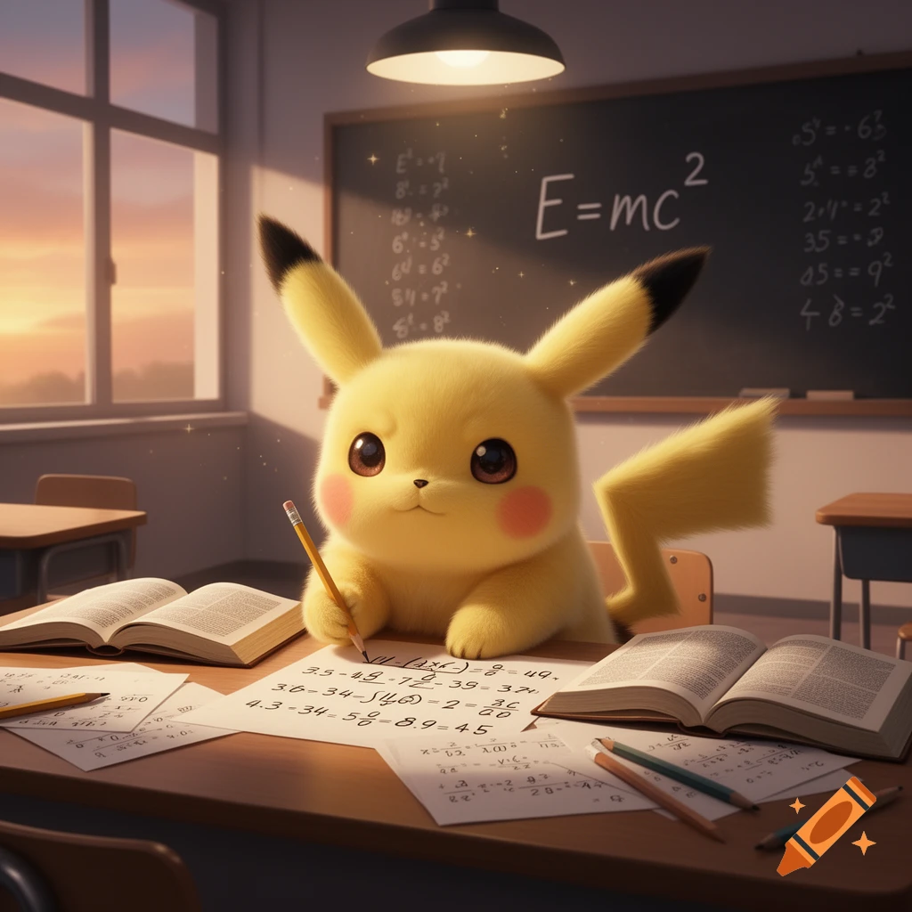 A fluffy, cartoon-like Pikachu intently doing math at a school desk, surrounded by open books and papers with equations. A blackboard with math formulas is in the background.