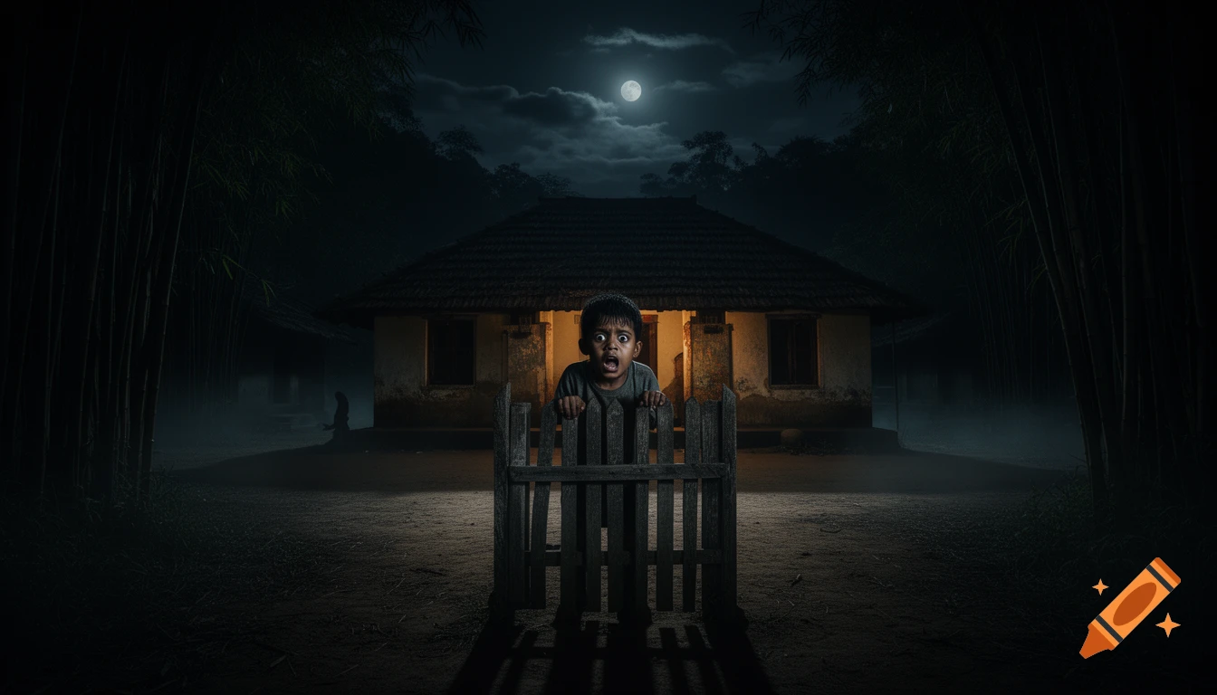 A terrified boy with wide eyes looks over a wooden fence in front of an old village house at night under a full moon, surrounded by bamboo. Photorealistic horror.