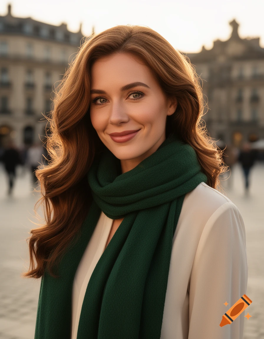 Photorealistic portrait of a smiling woman with long brown hair and a green scarf in a city.