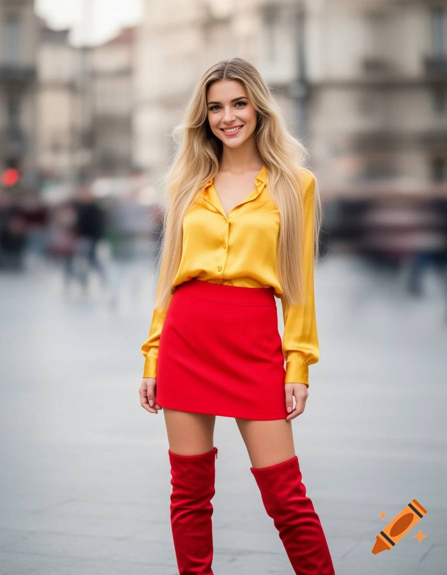 A smiling blonde woman with long hair wears a yellow silk blouse, red mini skirt, and red thigh-high boots, looking at the camera in an urban setting.