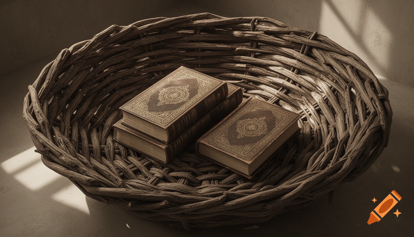 Several old, brown books with ornate gold designs on their covers rest inside a large, rustic wicker basket under soft lighting.