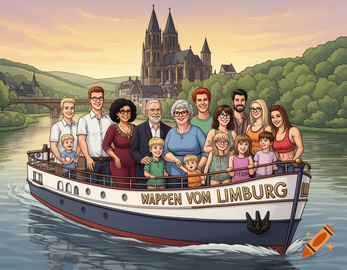 A large family smiles on a "Wappen vom Limburg" boat, cruising on a river with a grand cathedral and hills in the background at sunset, in a colorful cartoon style.