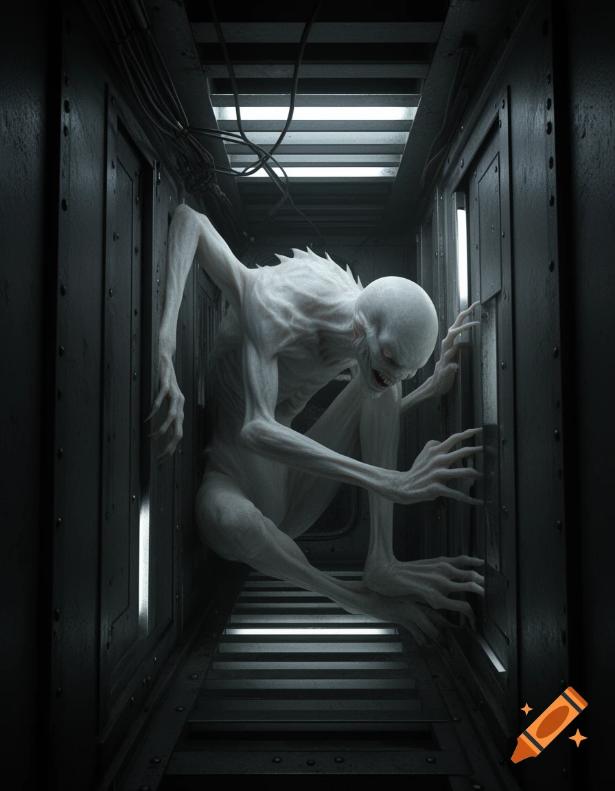 A pale, spiky monster with long claws crawls menacingly in a dark, metallic sci-fi vent.