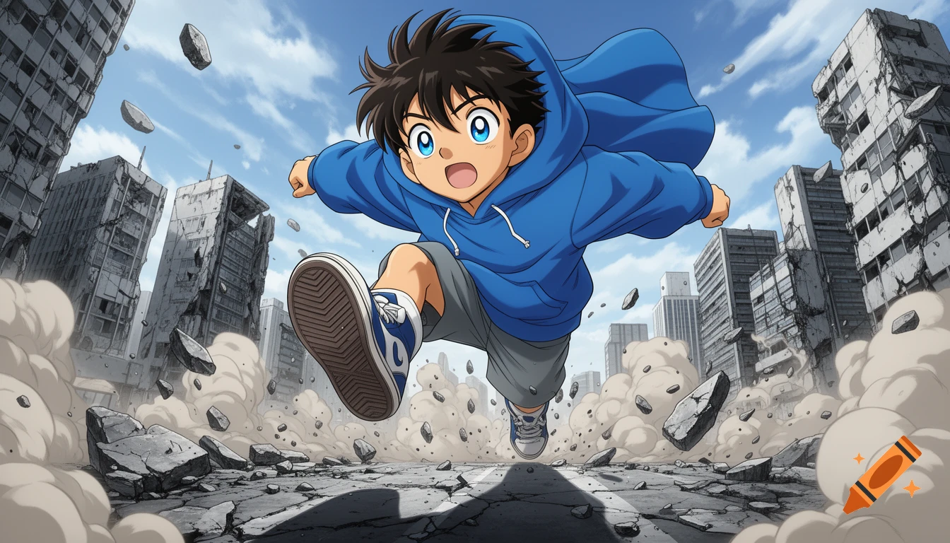 Anime boy in a blue hoodie leaping through a destroyed city filled with rubble and dust.