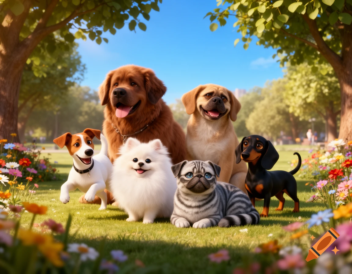 A group of animated dogs and one cat in a sunny park with trees and flowers, looking forward with happy expressions.
