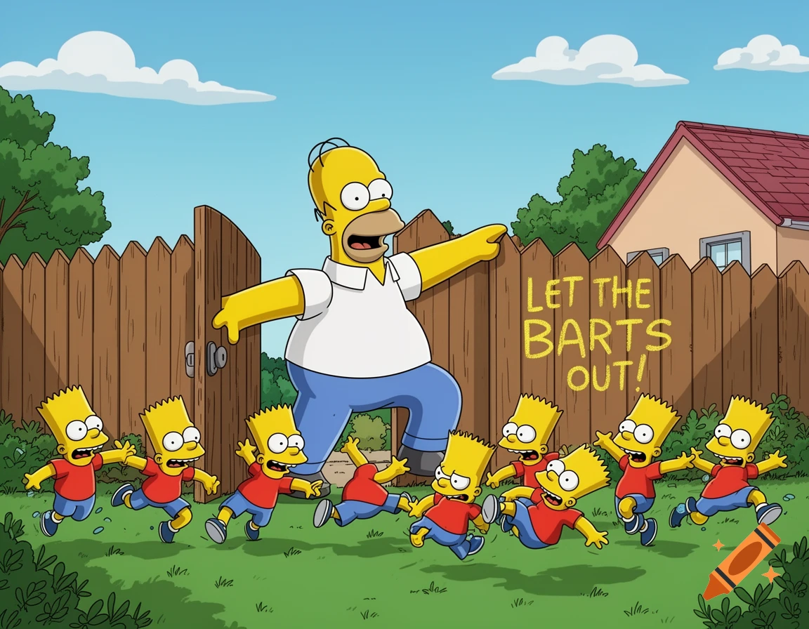 Homer Simpson opens a fence, letting out multiple running Bart Simpsons, with 'LET THE BARTS OUT!' on the fence. Cartoon.