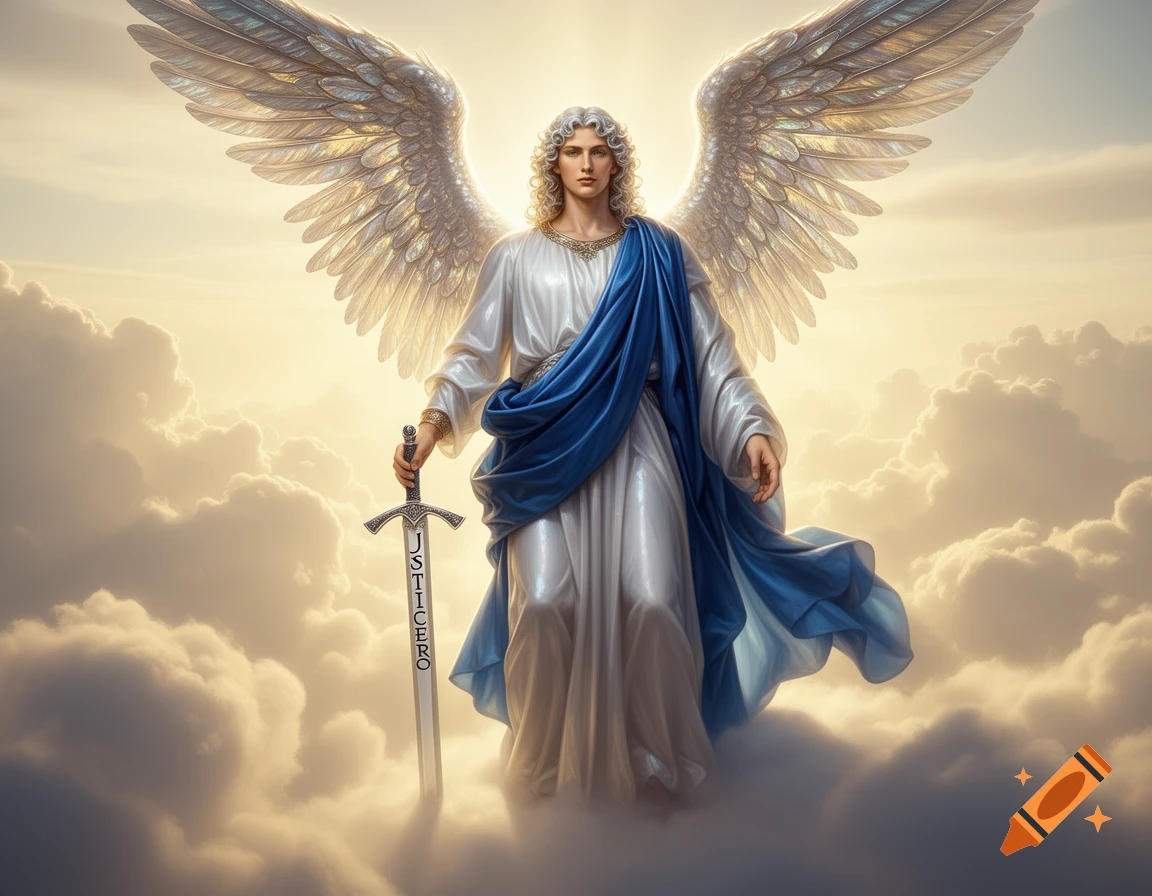 Archangel Michael with white wings, blue sash, and sword inscribed 'JUSTICERO,' stands among golden clouds.