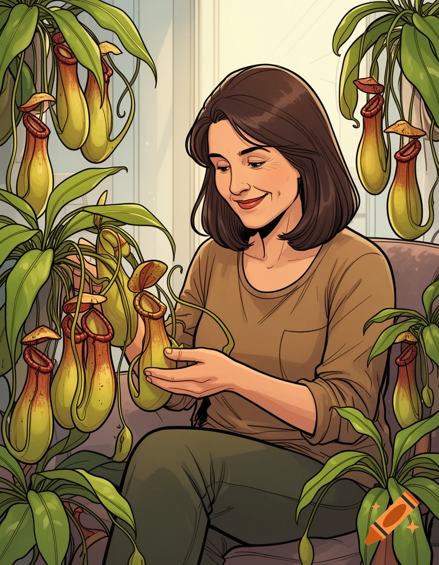 A smiling woman with short brown hair sits indoors, gently tending to many pitcher plants in a vibrant comic style.