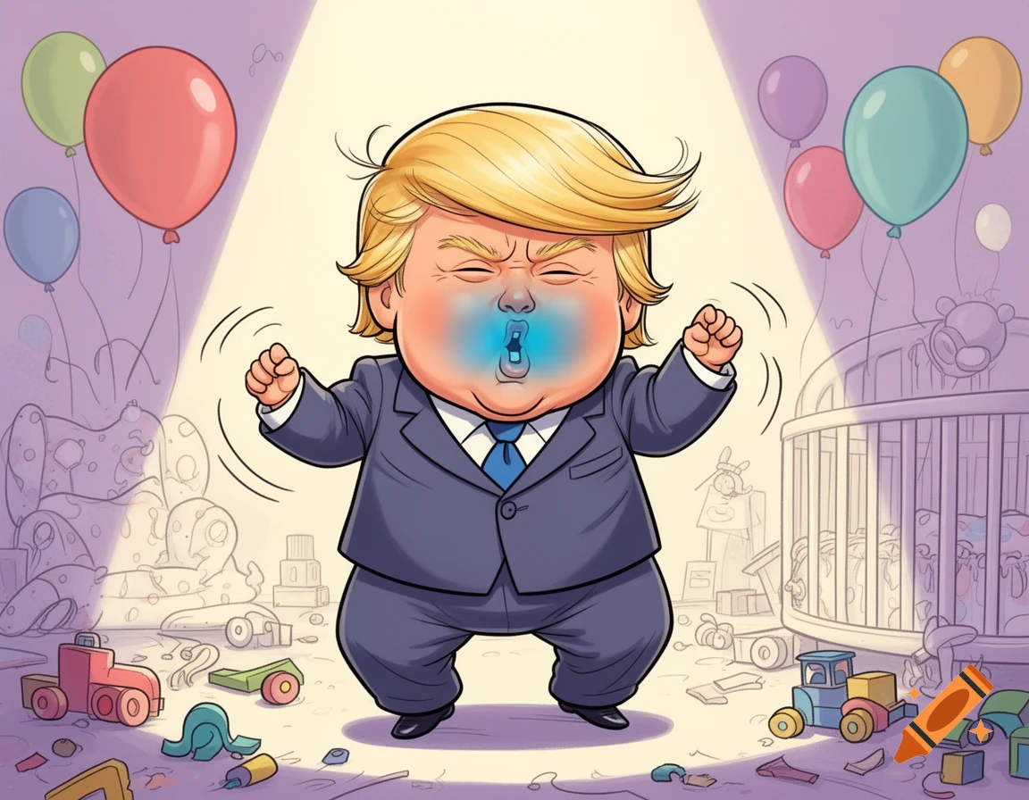 Cartoon baby Donald Trump throwing a tantrum, red-faced with a blue mouth, in a nursery filled with colorful toys and balloons.