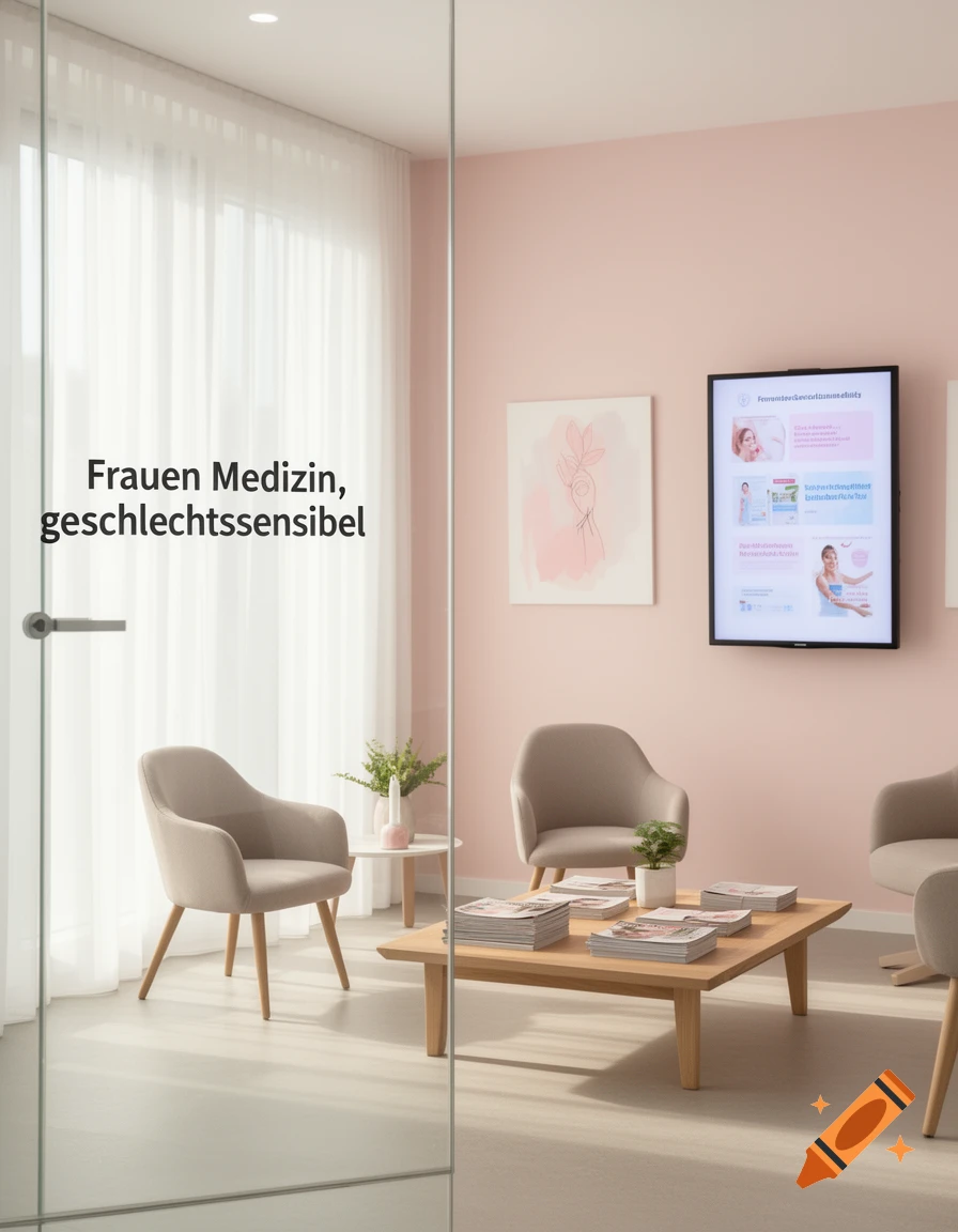 A modern, light-filled waiting room with pink walls, beige armchairs, a wooden coffee table with magazines, and a screen displaying medical information. Text 'Frauen Medizin, geschlechtssensibel' is on a glass partition.