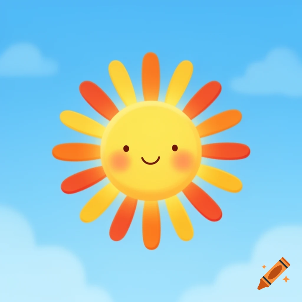 A cute, smiling cartoon sun with orange and yellow rays shines in a bright blue sky with soft white clouds.