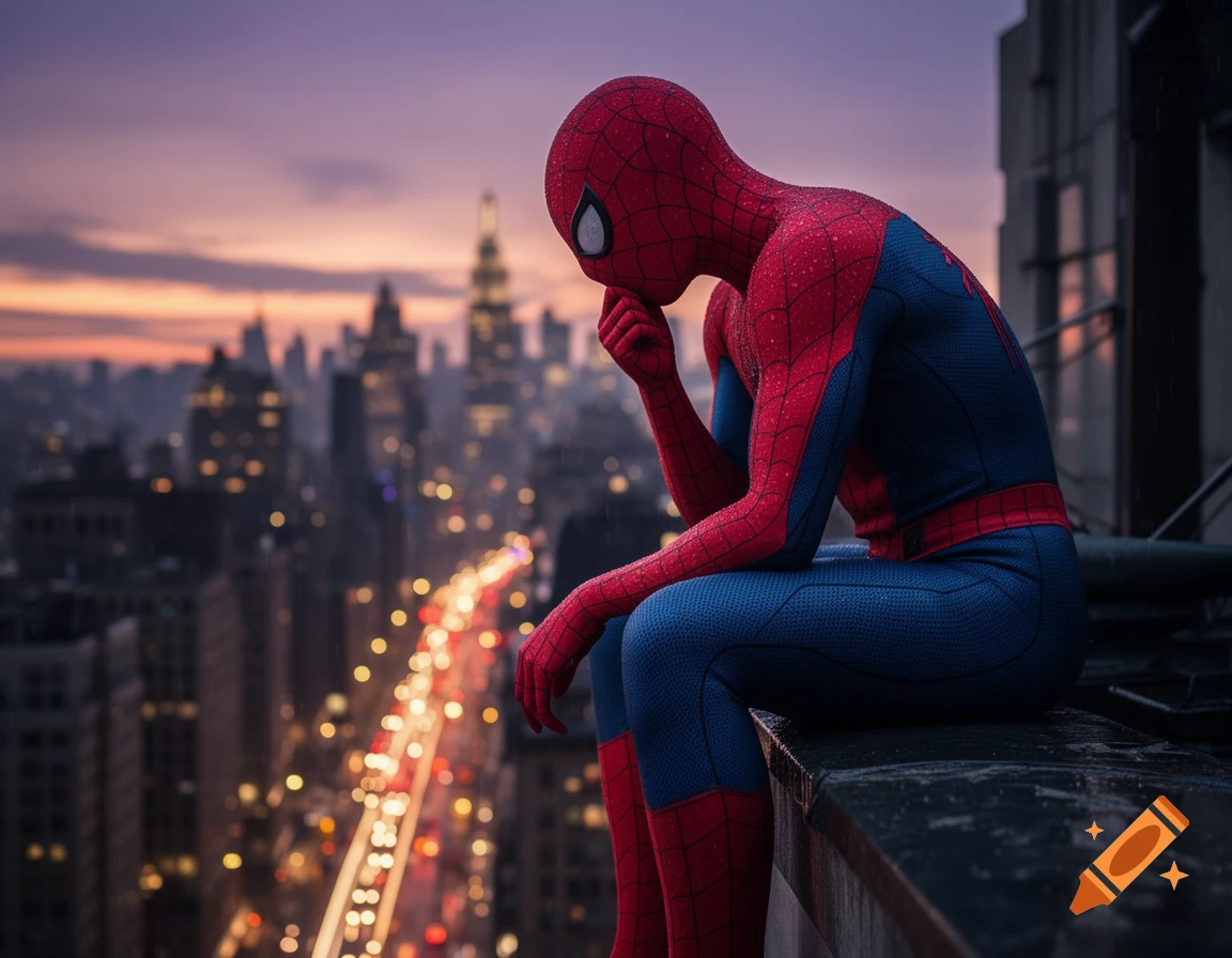 Photorealistic image of Spider-Man sitting pensive on a city rooftop ledge at sunset, overlooking a busy city street.