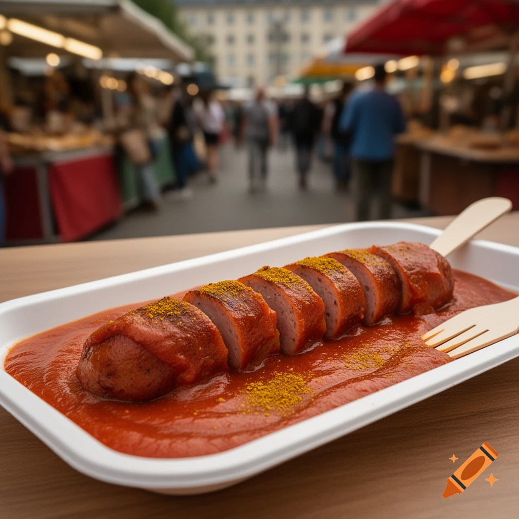 Sliced Currywurst with tomato sauce and curry powder in a white tray with wooden utensils at a blurry outdoor market.