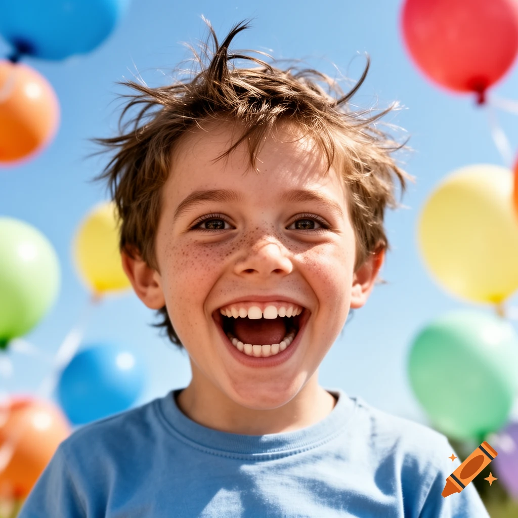 A joyful boy with messy hair and freckles laughs with a wide-open mouth against a bright blue sky with colorful balloons.