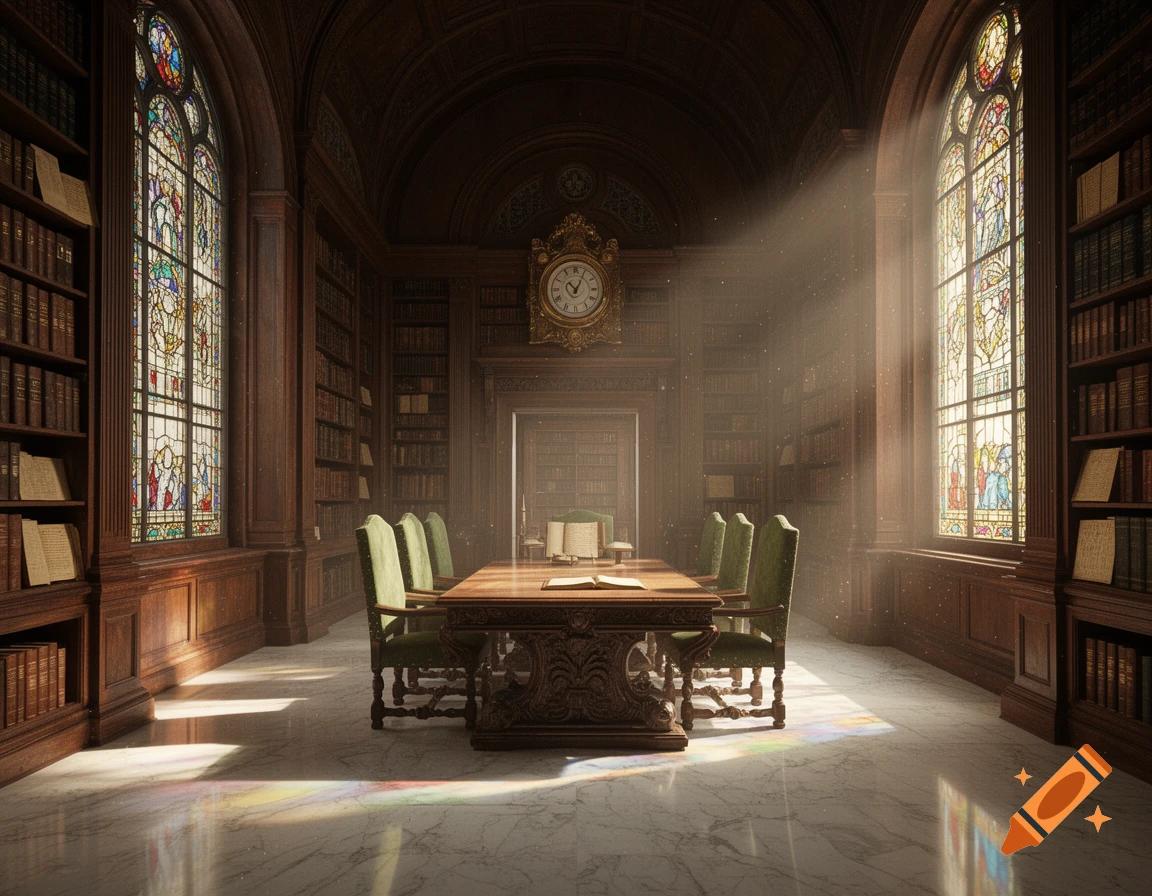 A grand, dimly lit library with tall wooden bookshelves, stained glass windows, a long meeting table with green chairs, and sunbeams highlighting dust motes.