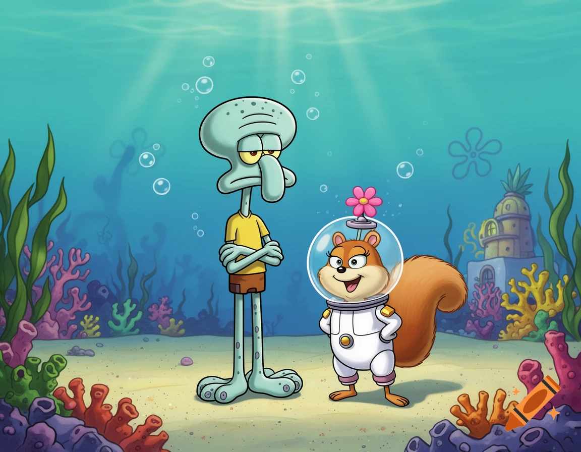 Squidward with crossed arms and a smiling Sandy in a space helmet stand on the ocean floor surrounded by coral and seaweed.