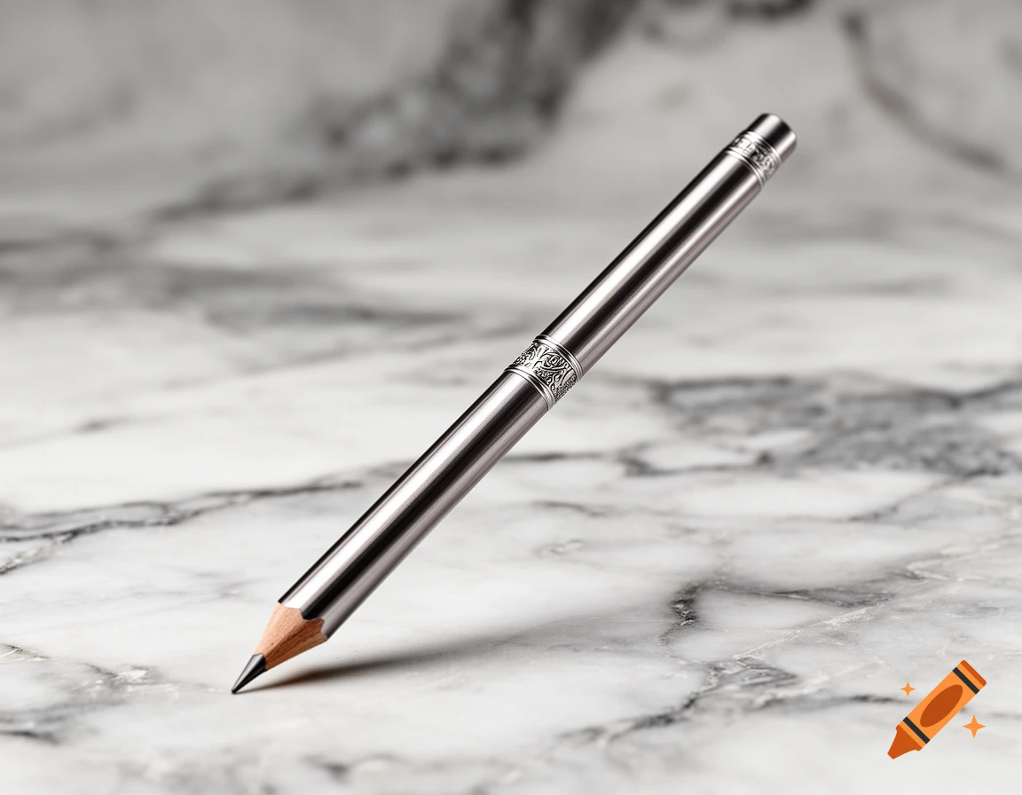 A silver mechanical pencil with a wooden tip and graphite lead rests diagonally on a white and gray marble surface.
