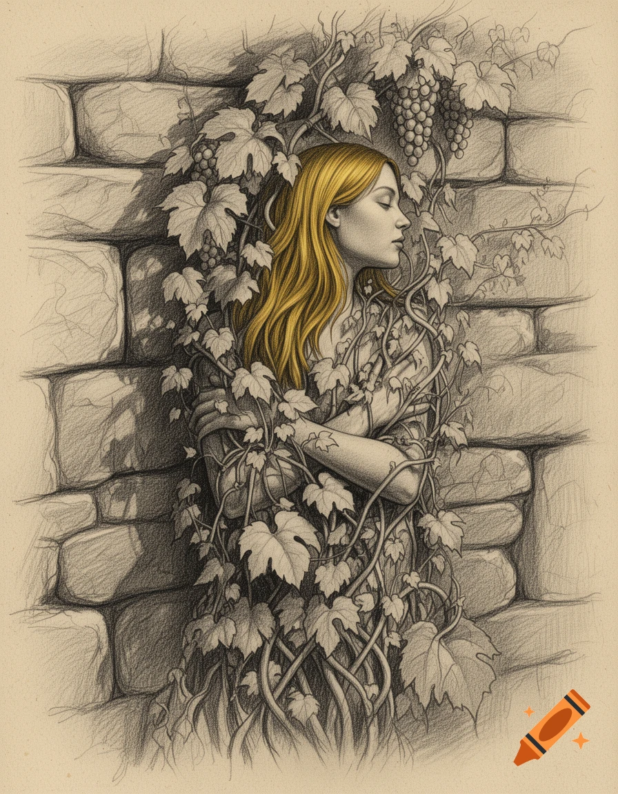 Pencil drawing of a woman with golden hair, her body entwined by vines and merged into a stone wall.