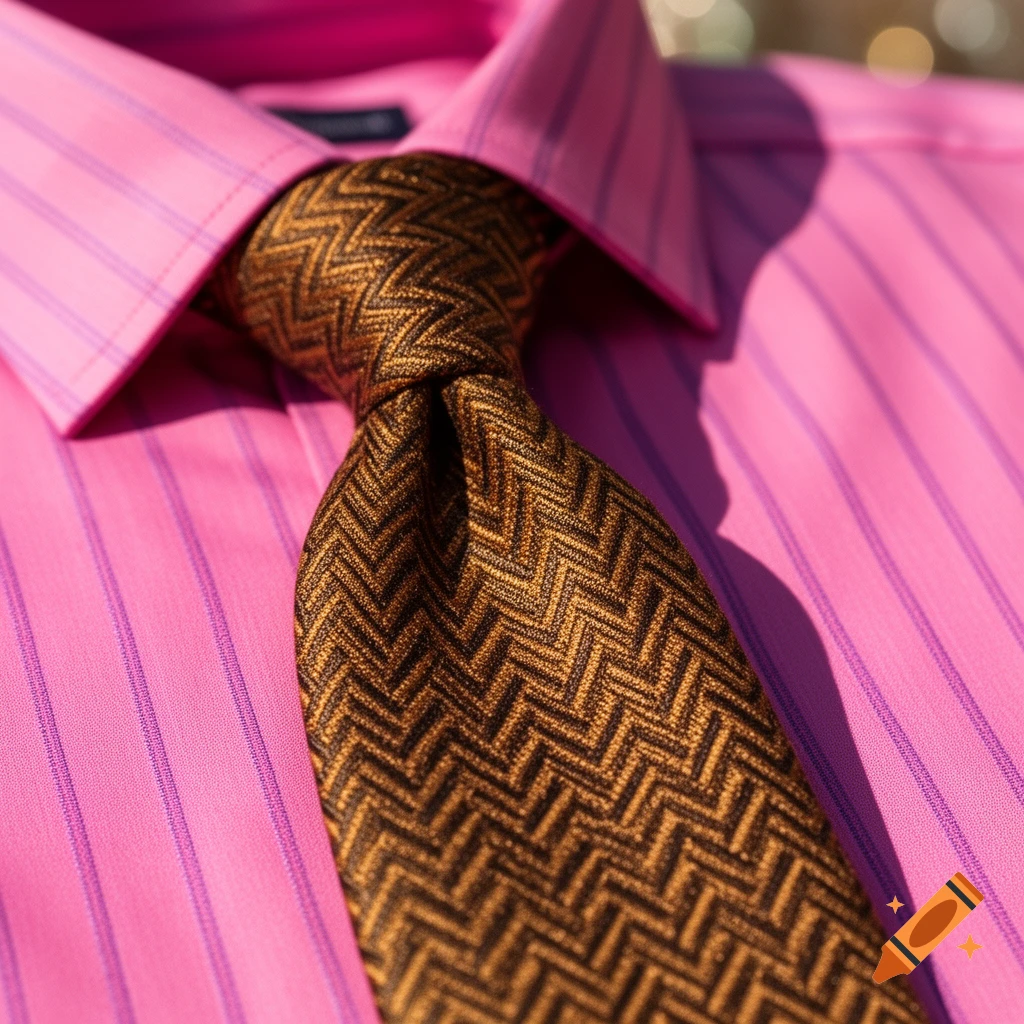 A close-up of a pink pinstripe dress shirt with a bronze zig-zag patterned tie.